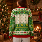 back view of knit christmas sweater by fireplace