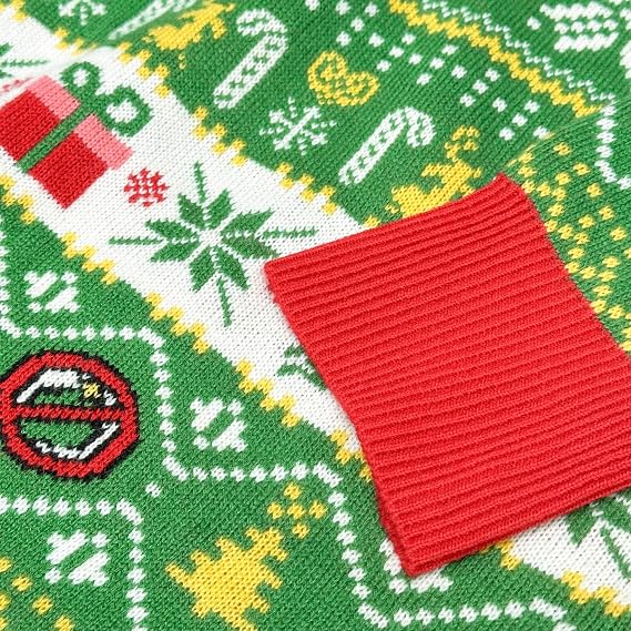 close up of jacquard knit pattern and red ribbed cuff