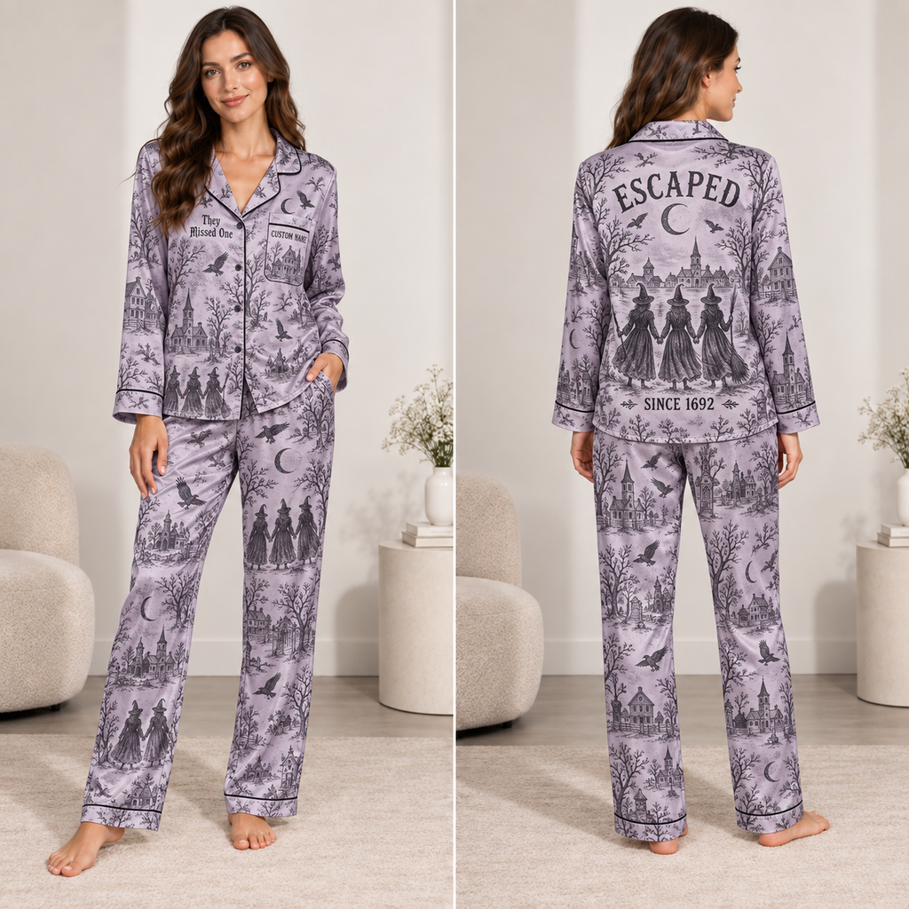 satin pajama set with all over halloween witch print and they missed