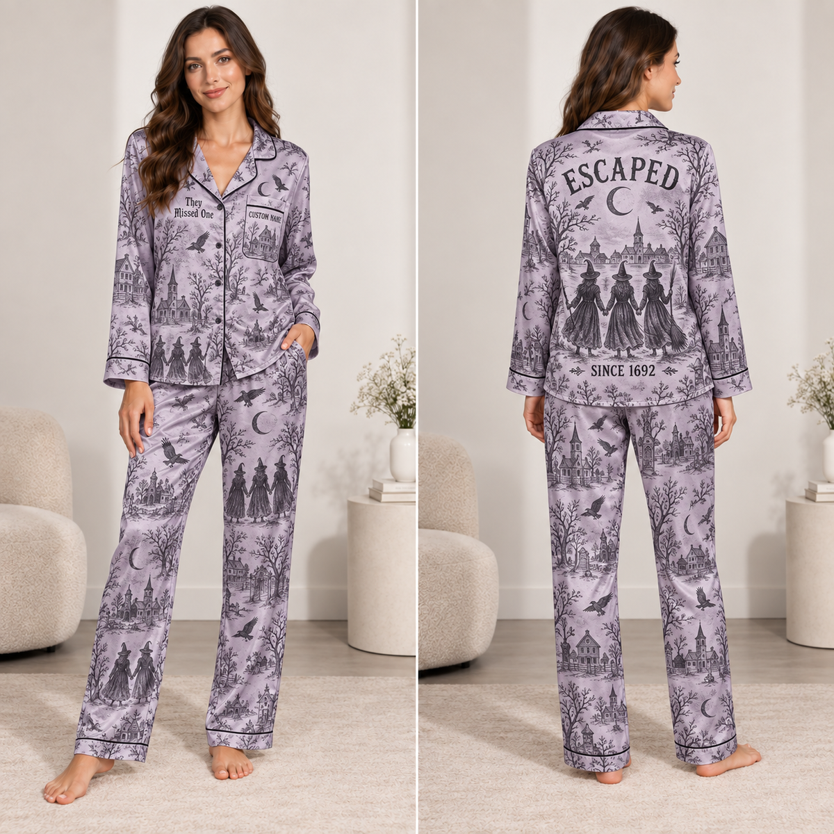 satin pajama set with all over halloween witch print and they missed