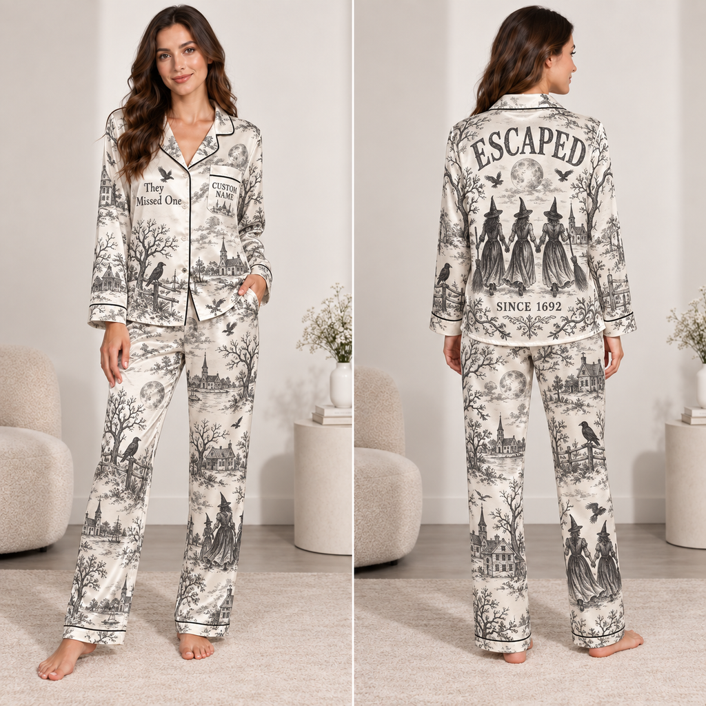 halloween satin pajama set with vintage toile print, raven and haunted village