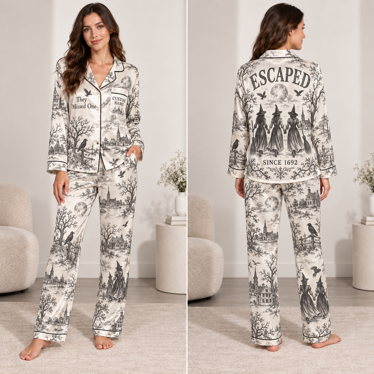 halloween satin pajama set with vintage toile print, raven and haunted village