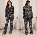 front view of black satin pajama set with They Missed One text