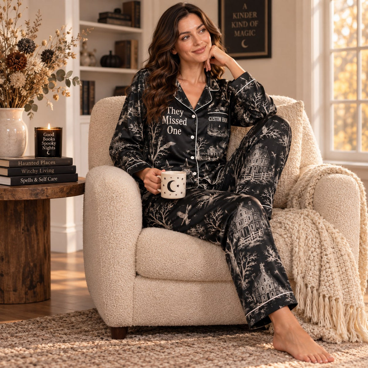 woman relaxing in printed satin pajama set with custom name