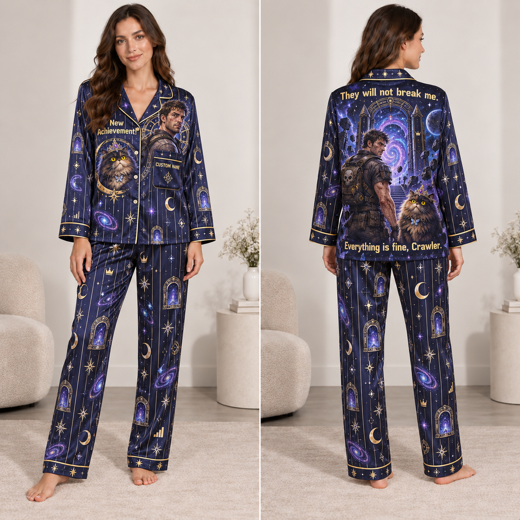 woman modelling a navy cosmic cat satin pajama set front view