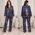 woman modelling a navy cosmic cat satin pajama set front view