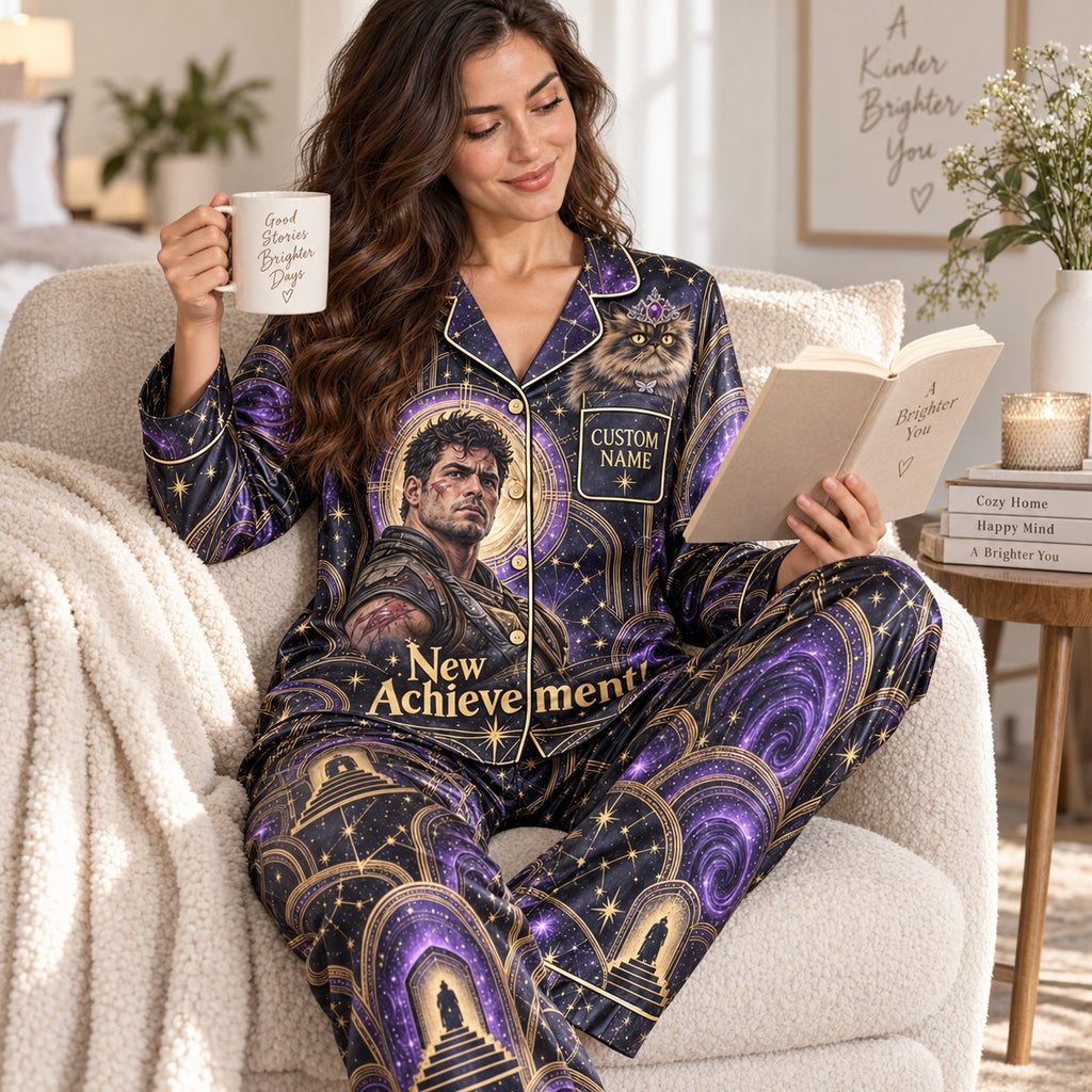 back of satin pajama set with man, cat and galaxy print