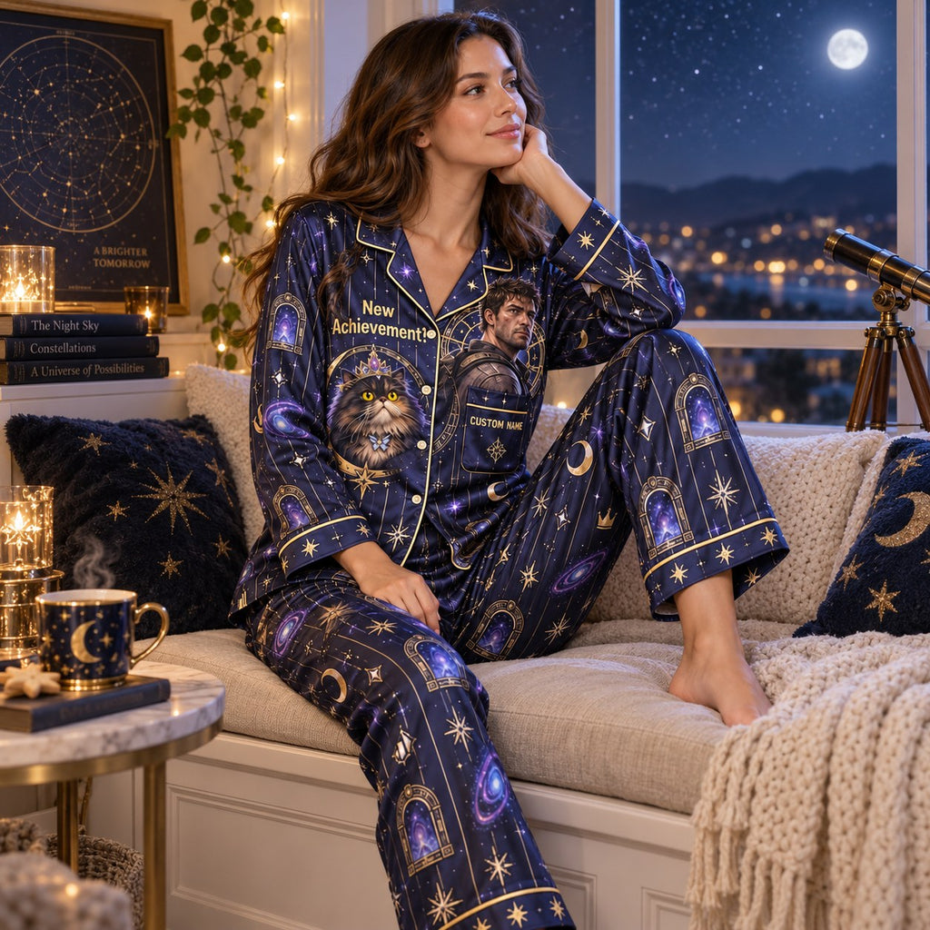 woman lounging in starry cat satin pajamas with a custom name on the chest