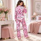 pink leopard satin button up pyjamas with strong than cancer back graphic