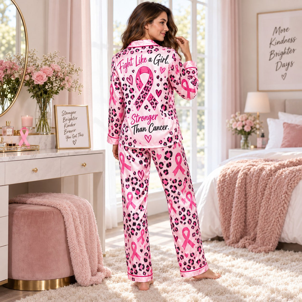 pink leopard satin button up pyjamas with strong than cancer back graphic