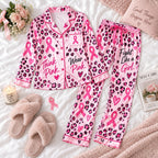 Breast Cancer Pink Satin Pyjamas, Button Up Pyjamas, Lounge Pyjamas Gifts For Her