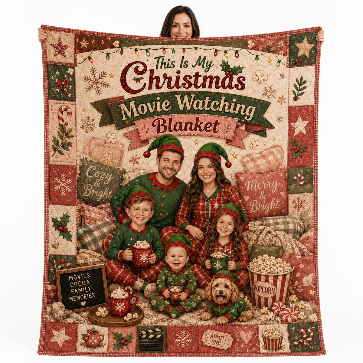 christmas movie watching fleece blanket with family in elf pajamas