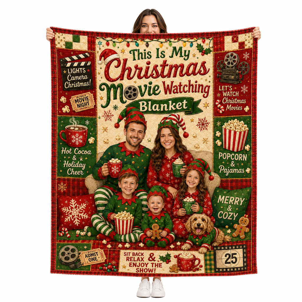 custom photo fleece blanket with christmas movie night family collage design