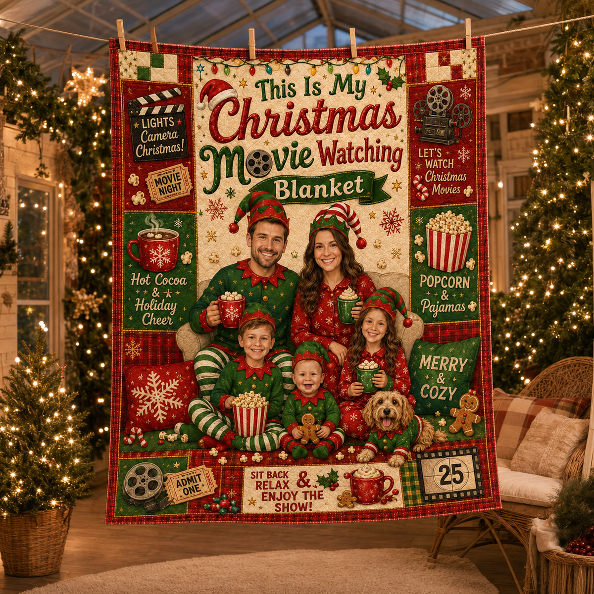 green and red plaid christmas movie blanket hanging in a decorated living
