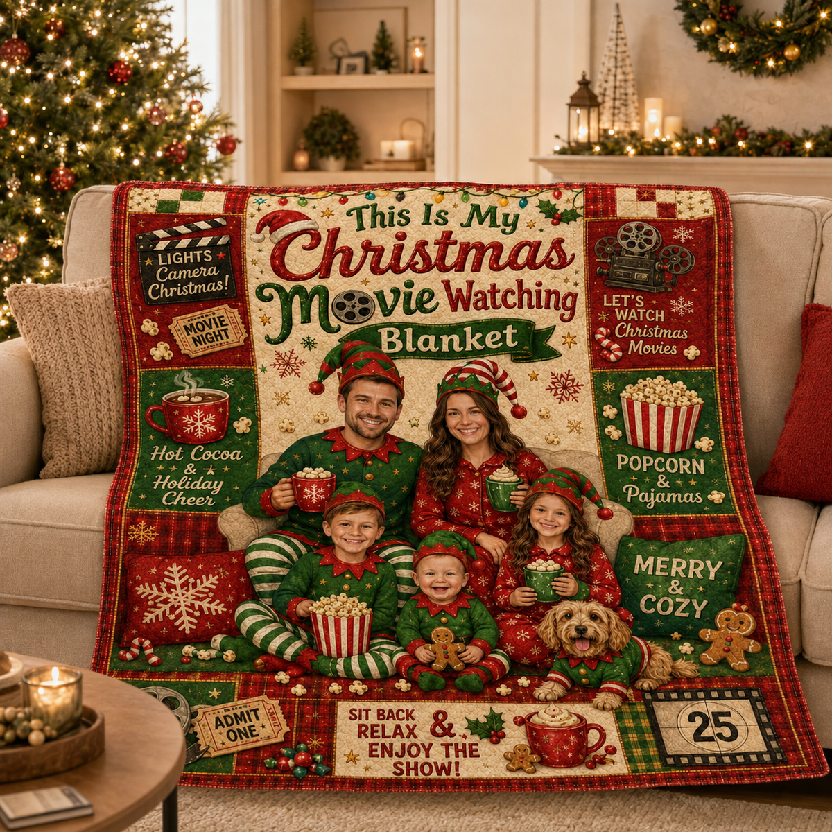 printed family photo christmas blanket draped over a cream sofa