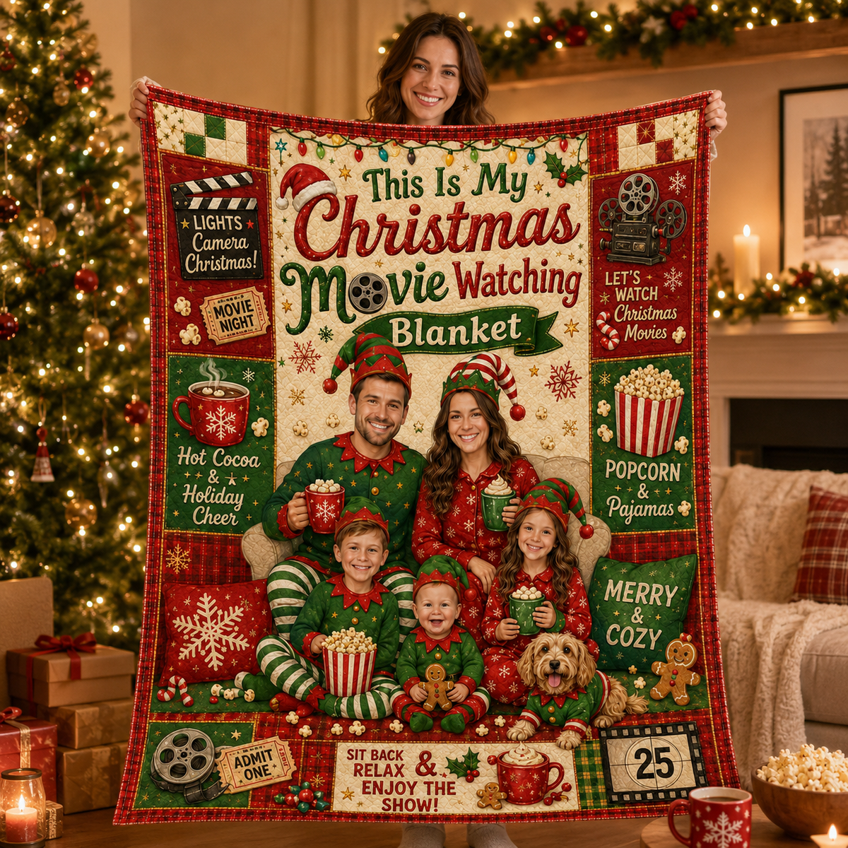 christmas movie night throw blanket with family portraits and hot cocoa mugs