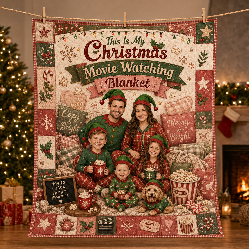 red and green christmas throw blanket draped over a fireplace