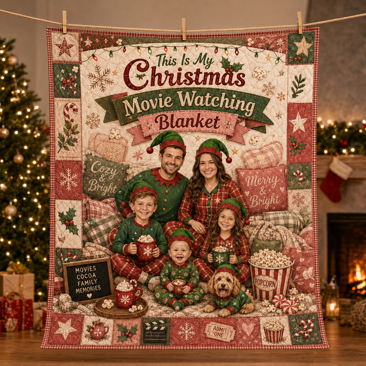 red and green christmas throw blanket draped over a fireplace