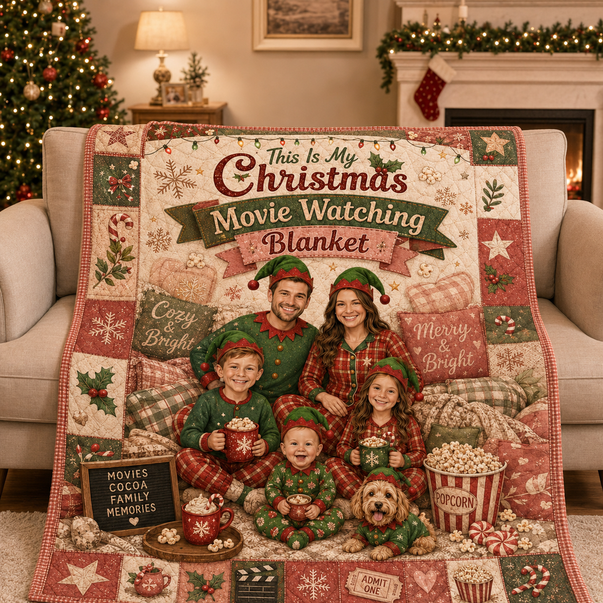 plaid christmas movie blanket folded on a beige couch
