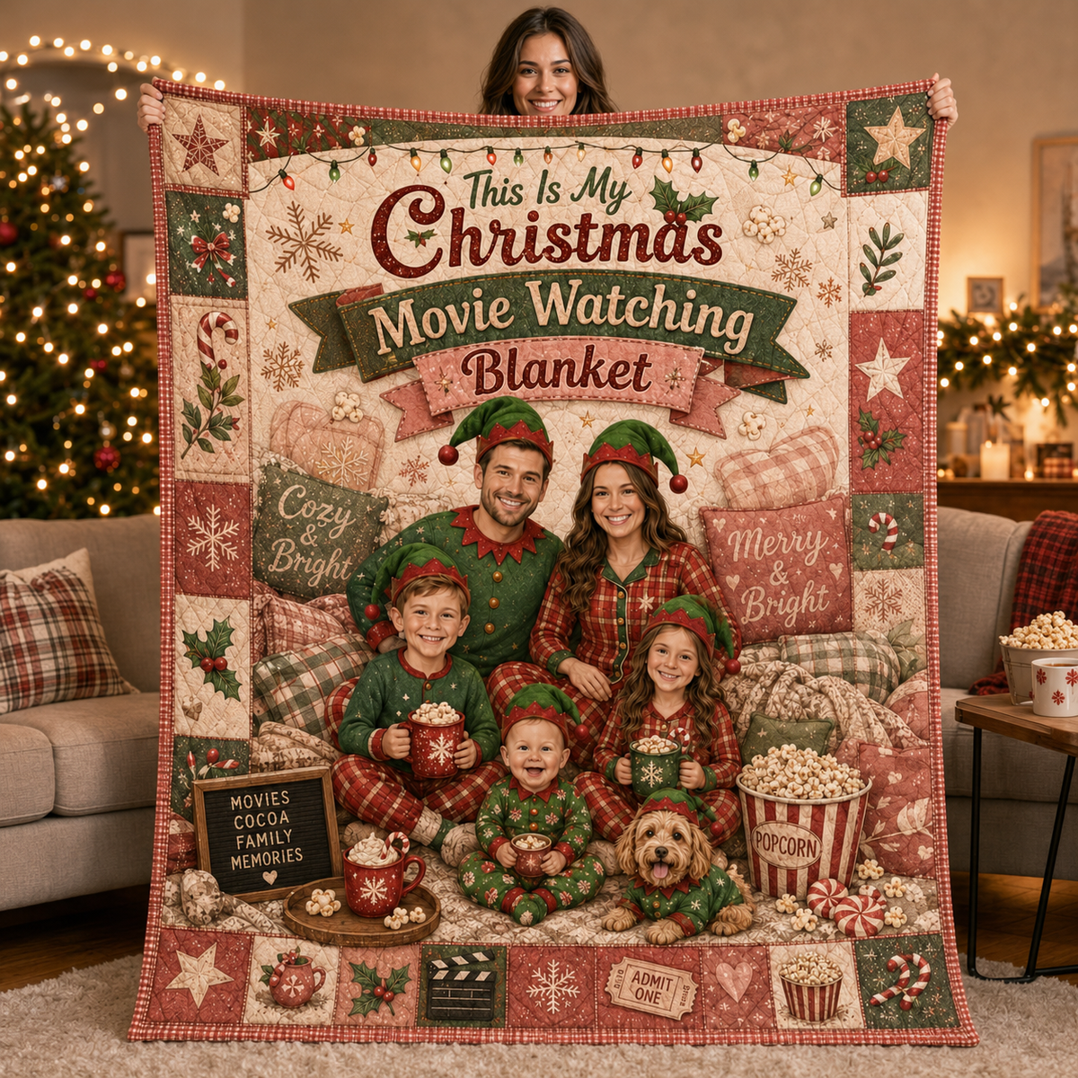family elf pajama christmas blanket held up against a lit tree
