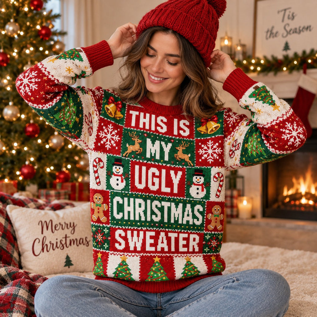 woman wearing a red and green ugly christmas sweater with 'this is