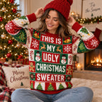 woman wearing a red and green ugly christmas sweater with 'this is