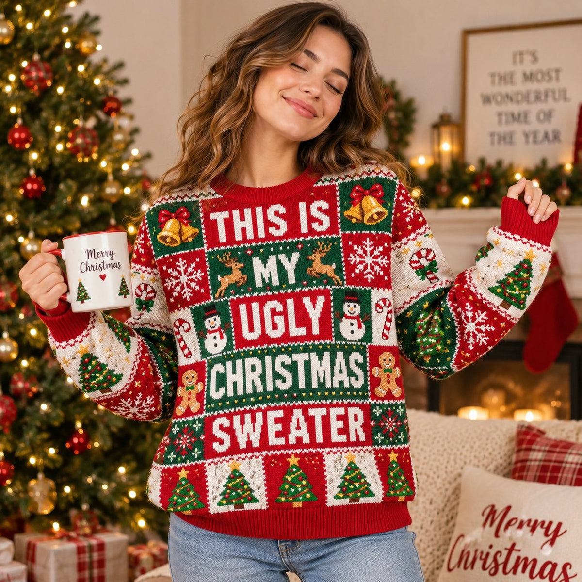 woman holding a merry christmas mug while wearing a busy all-over print