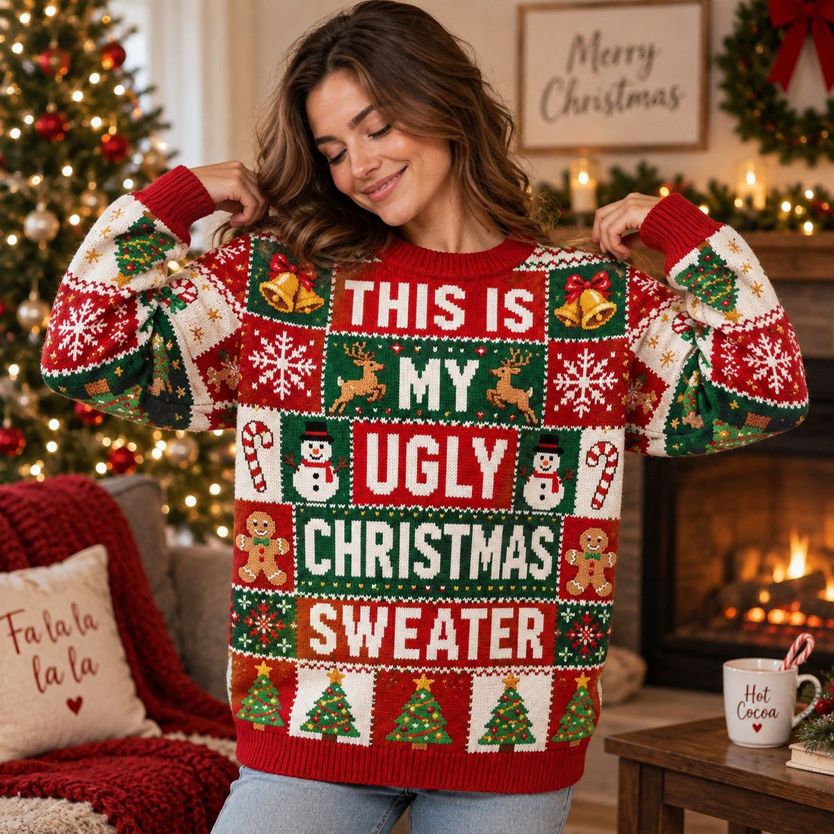 close-up of the ugly christmas sweater pattern showing snowmen, candy canes and