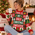 woman sipping hot cocoa in a cozy living room while wearing the