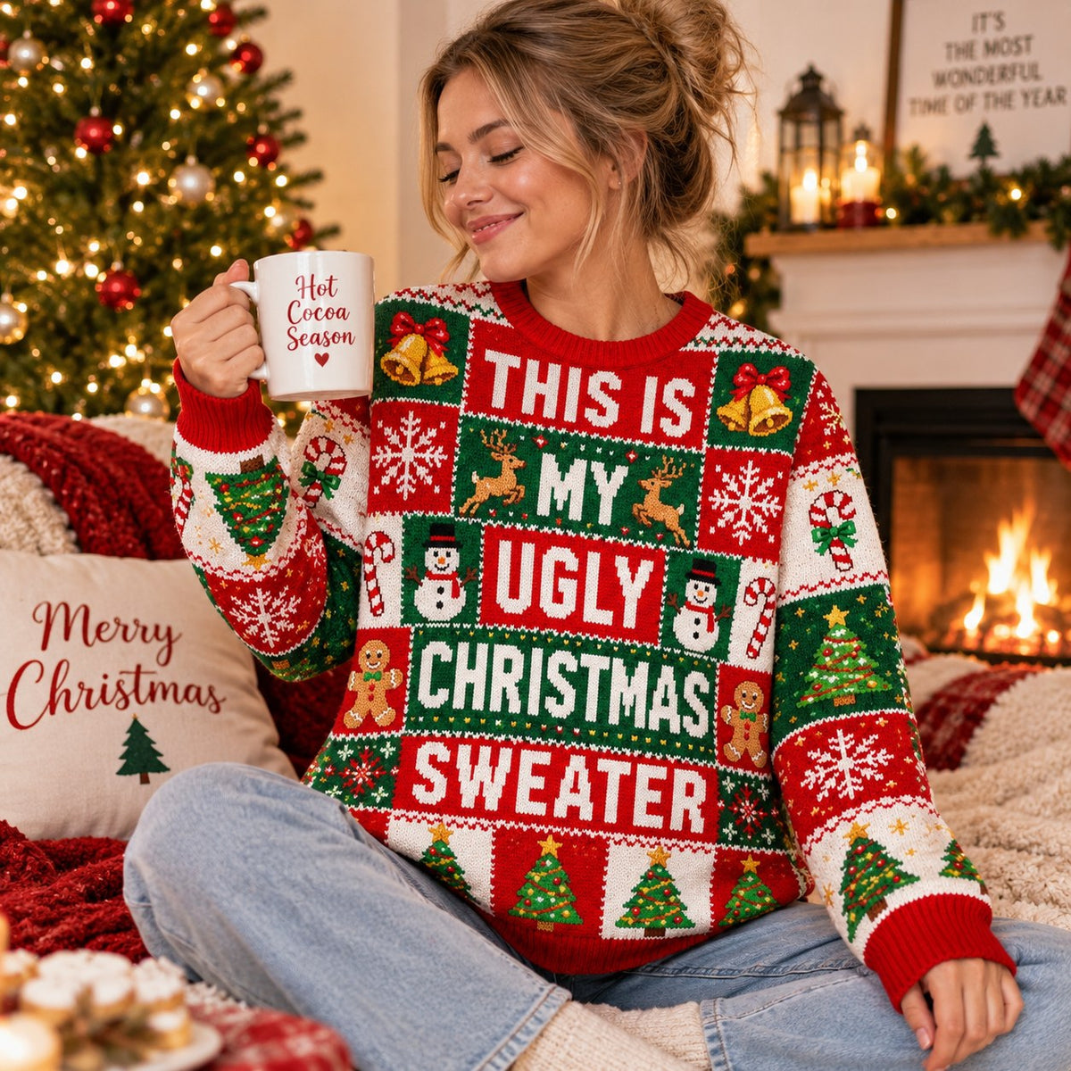 woman sipping hot cocoa in a cozy living room while wearing the