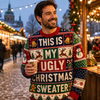 funny holiday sweater with bells candy canes and christmas trees worn at