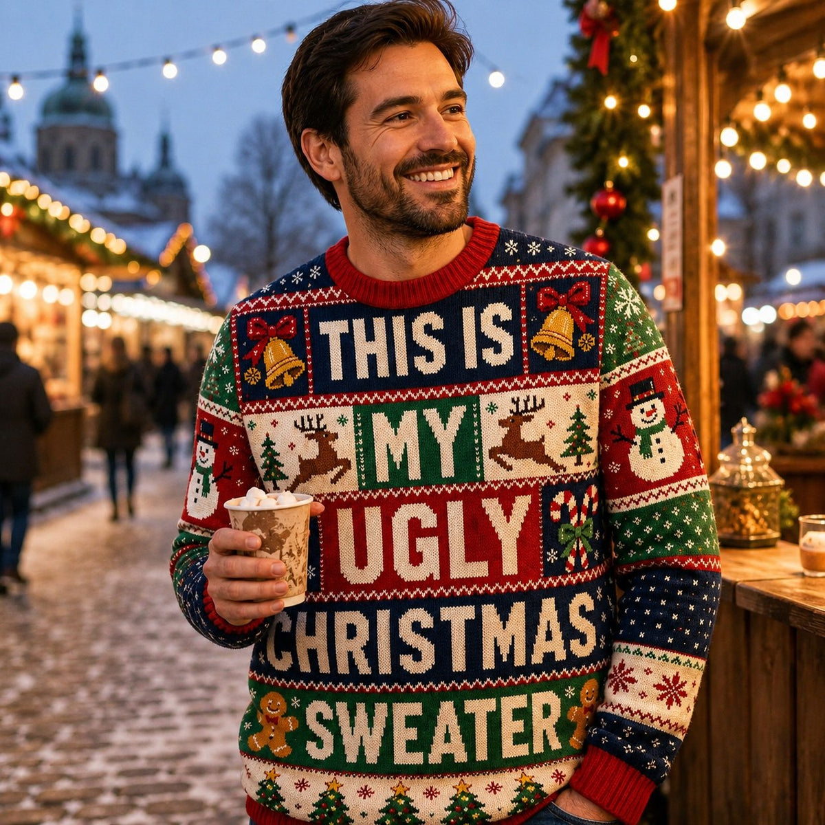 funny holiday sweater with bells candy canes and christmas trees worn at