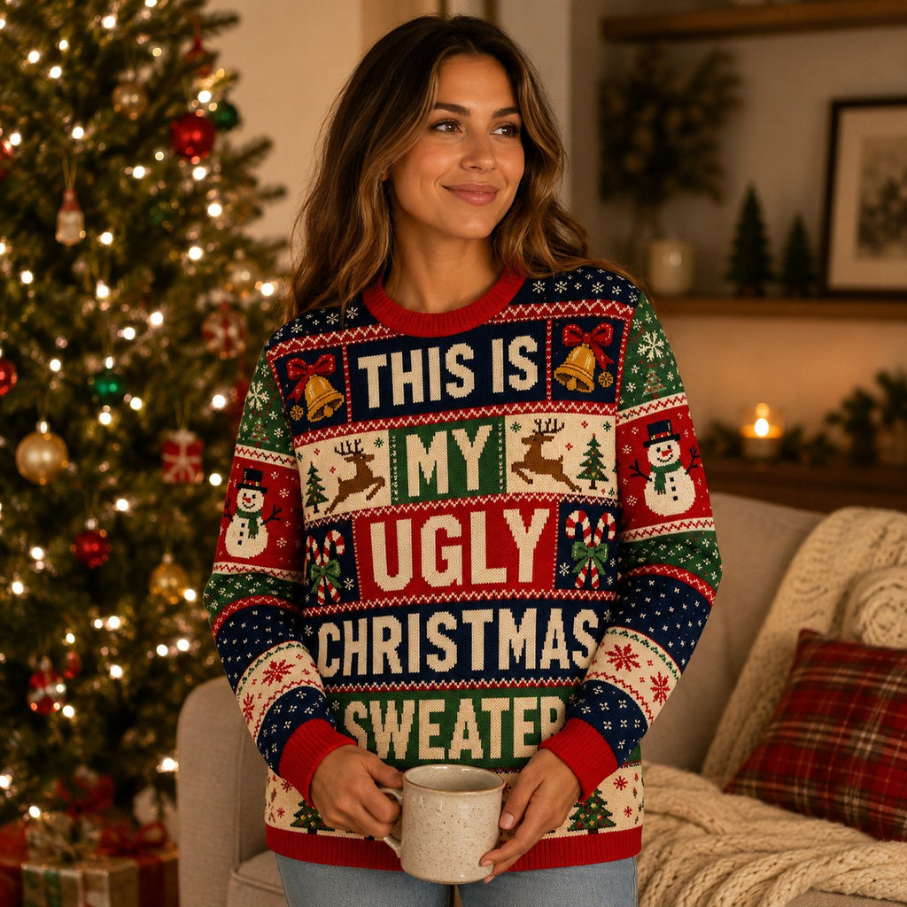 ugly christmas sweater quote design in red green and navy blocks held