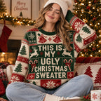woman in ugly christmas sweater sitting by a christmas tree