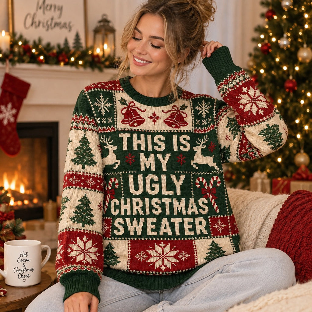 woman wearing ugly christmas sweater with hot cocoa mug