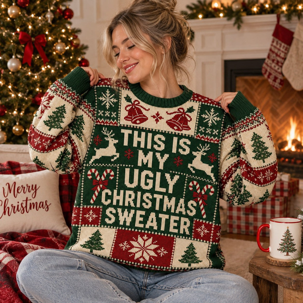 close up of ugly christmas sweater holiday pattern