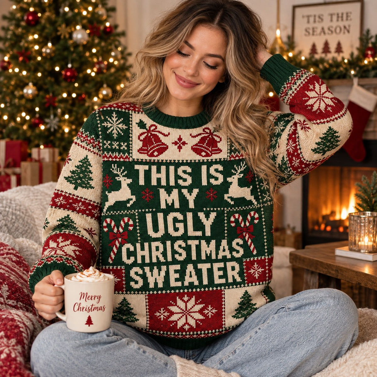 smiling woman in ugly christmas sweater with hot chocolate
