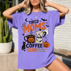 tired moms coffee club halloween graphic tee in purple