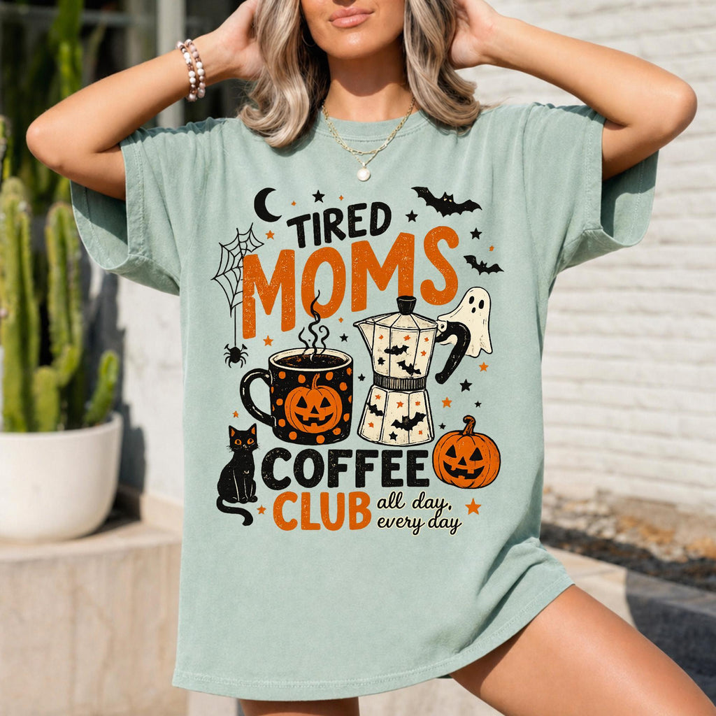 tired moms coffee club halloween graphic tee in sage green