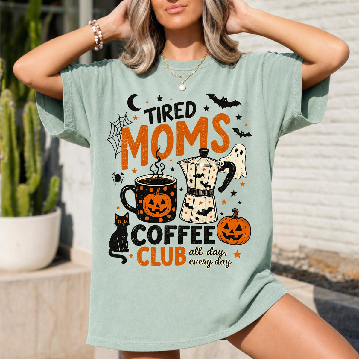 tired moms coffee club halloween graphic tee in sage green