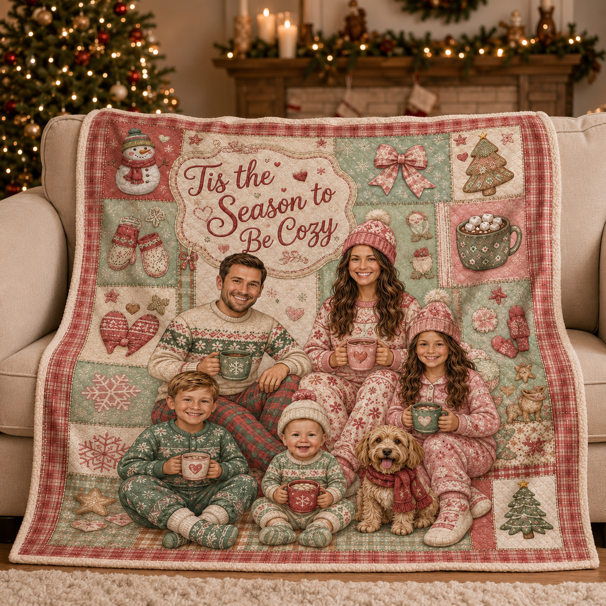 christmas photo blanket draped on living room couch