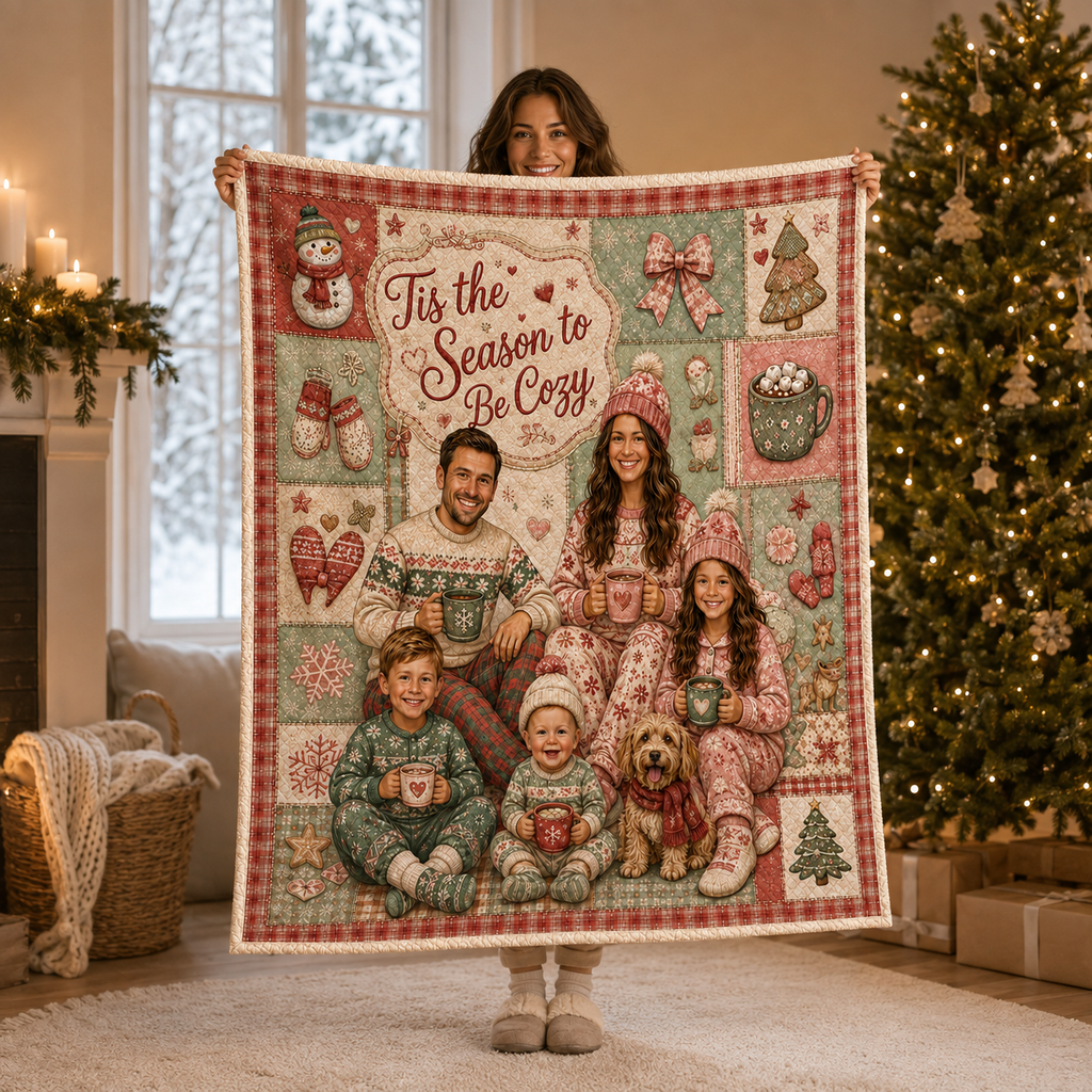 fleece throw blanket with family portrait hung on wall