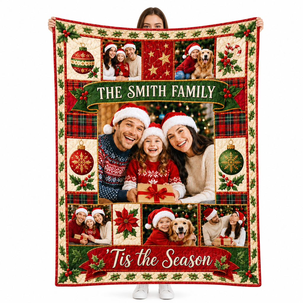 a custom christmas photo blanket with a plaid border and the printed