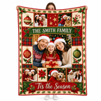 a custom christmas photo blanket with a plaid border and the printed