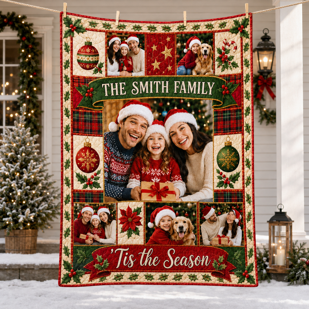 a personalized christmas family blanket hanging on a porch with garland