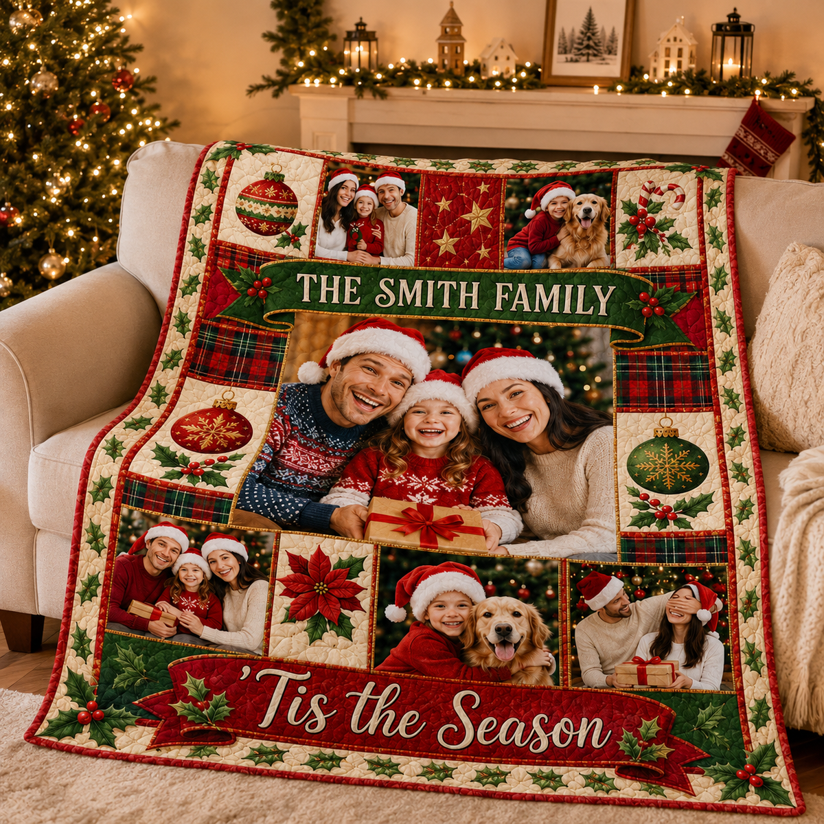 a custom photo throw blanket draped over an armchair in a cozy