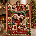 a personalized christmas photo blanket with family photo slots and festive holly