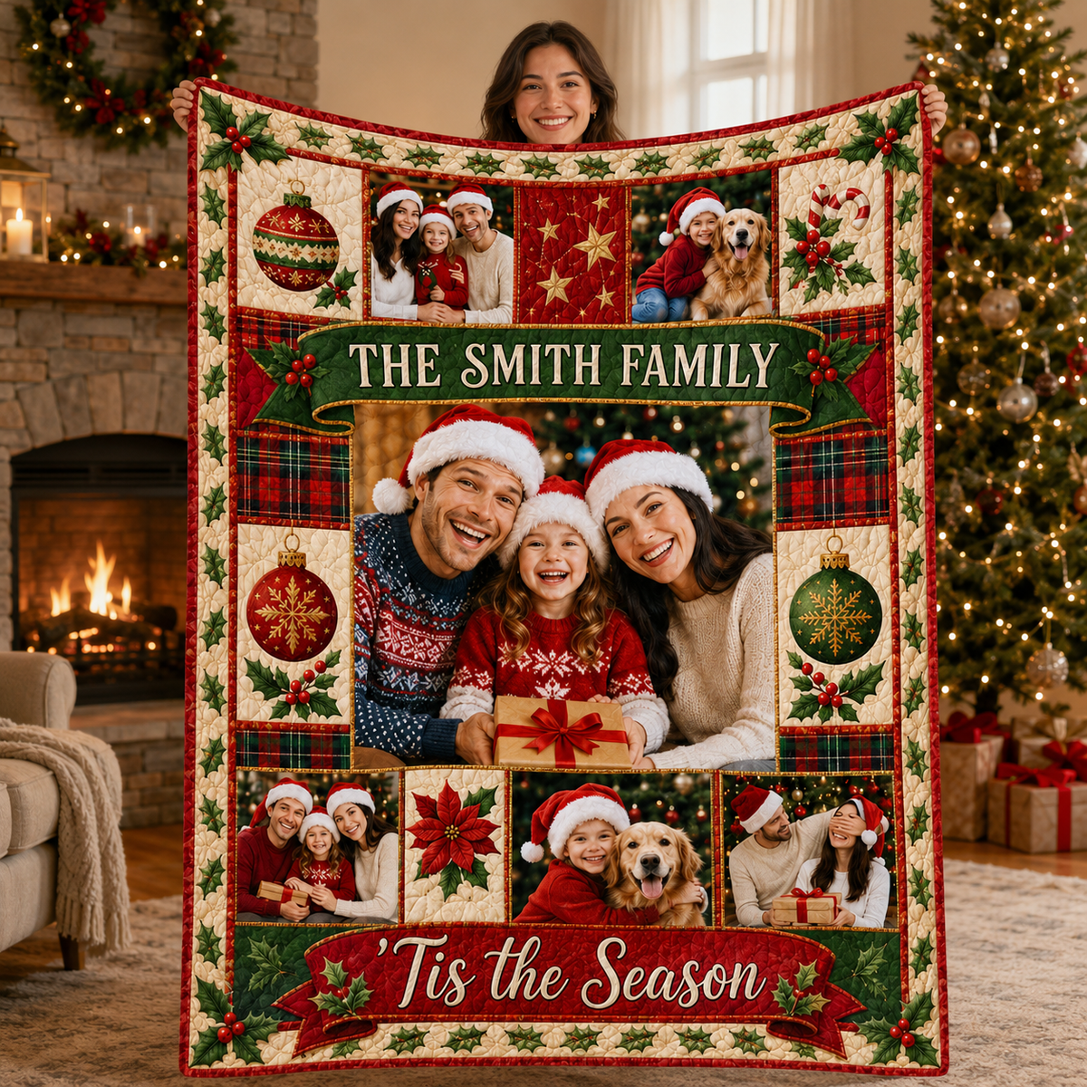 a personalized christmas photo blanket with family photo slots and festive holly