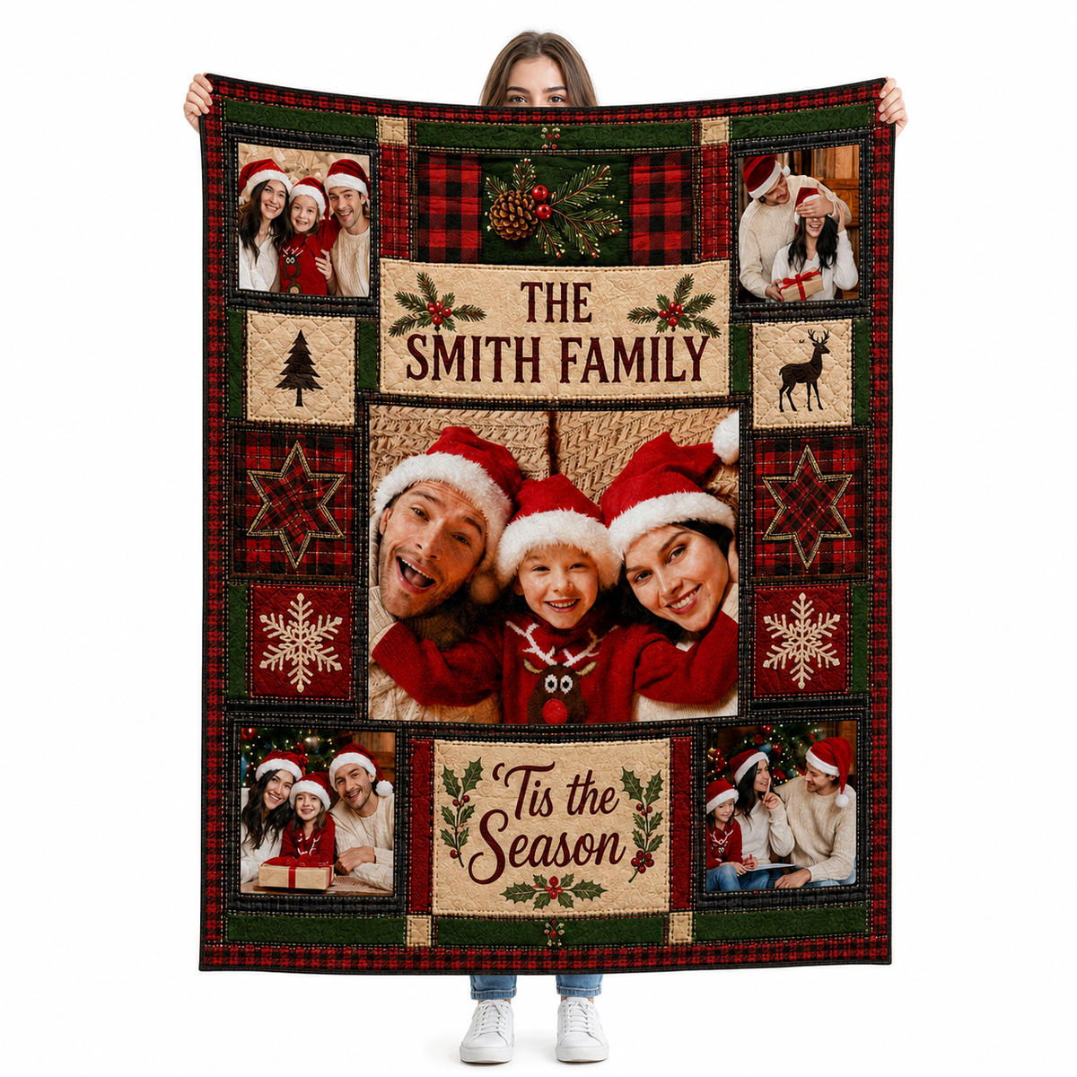 custom family photo collage plaid christmas fleece blanket with 'tis the season
