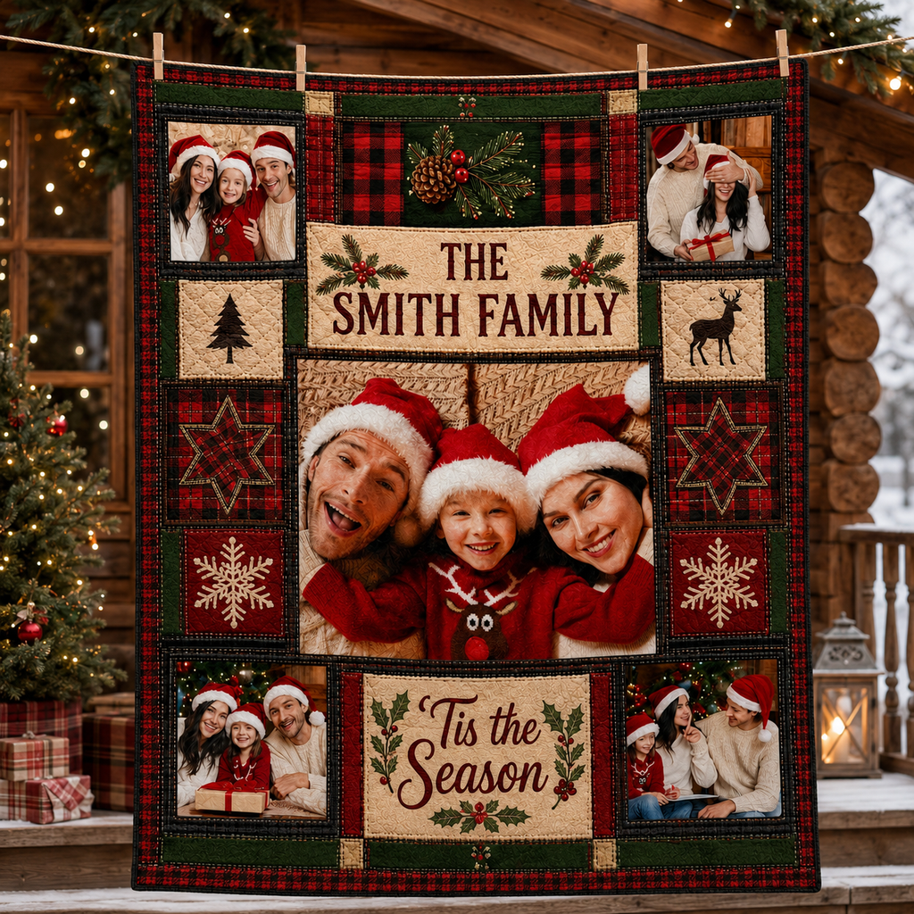 family photo blanket with 'tis the season panel clipped to a clothesline